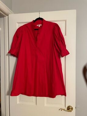 Bright Red Pleated Sleeve Tunic Dress -